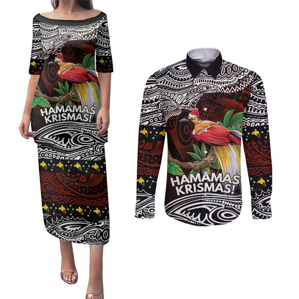 Papua New Guinea Christmas Couples Matching Puletasi and Long Sleeve Button Shirt - Polynesian Pride