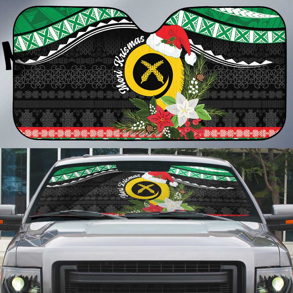 Vanuatu Pig's Tusk Meri Krismas! Auto Sun Shade Vanuatuan Sand Drawing Pattern - Polynesian Pride