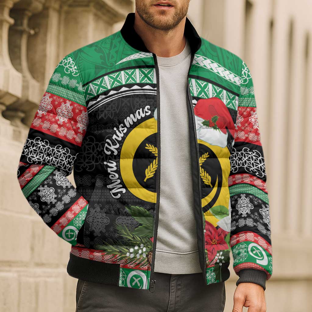 Vanuatu Pig's Tusk Meri Krismas! Bomber Puffer Jacket Vanuatuan Sand Drawing Pattern - Polynesian Pride