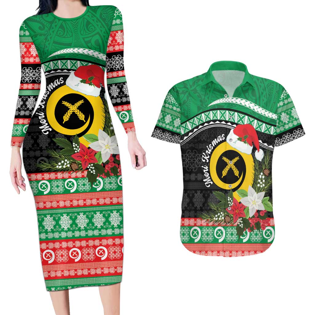 Vanuatu Pig's Tusk Meri Krismas! Couples Matching Long Sleeve Bodycon Dress and Hawaiian Shirt Vanuatuan Sand Drawing Pattern - Polynesian Pride