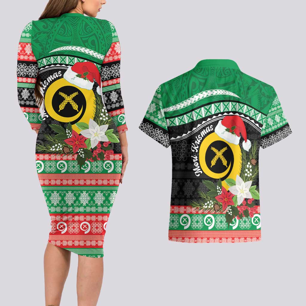Vanuatu Pig's Tusk Meri Krismas! Couples Matching Long Sleeve Bodycon Dress and Hawaiian Shirt Vanuatuan Sand Drawing Pattern - Polynesian Pride