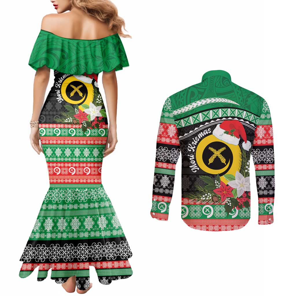 Vanuatu Pig's Tusk Meri Krismas! Couples Matching Mermaid Dress and Long Sleeve Button Shirt Vanuatuan Sand Drawing Pattern - Polynesian Pride