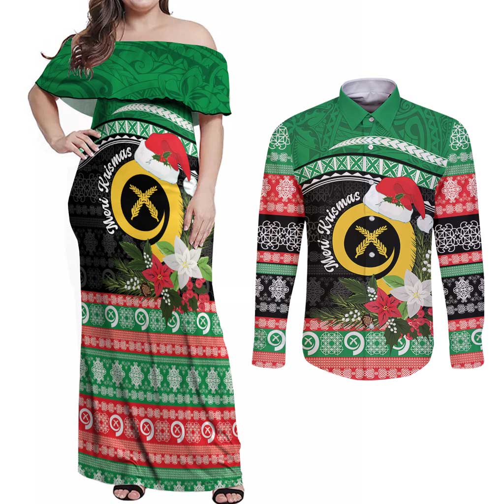 Vanuatu Pig's Tusk Meri Krismas! Couples Matching Off Shoulder Maxi Dress and Long Sleeve Button Shirt Vanuatuan Sand Drawing Pattern - Polynesian Pride