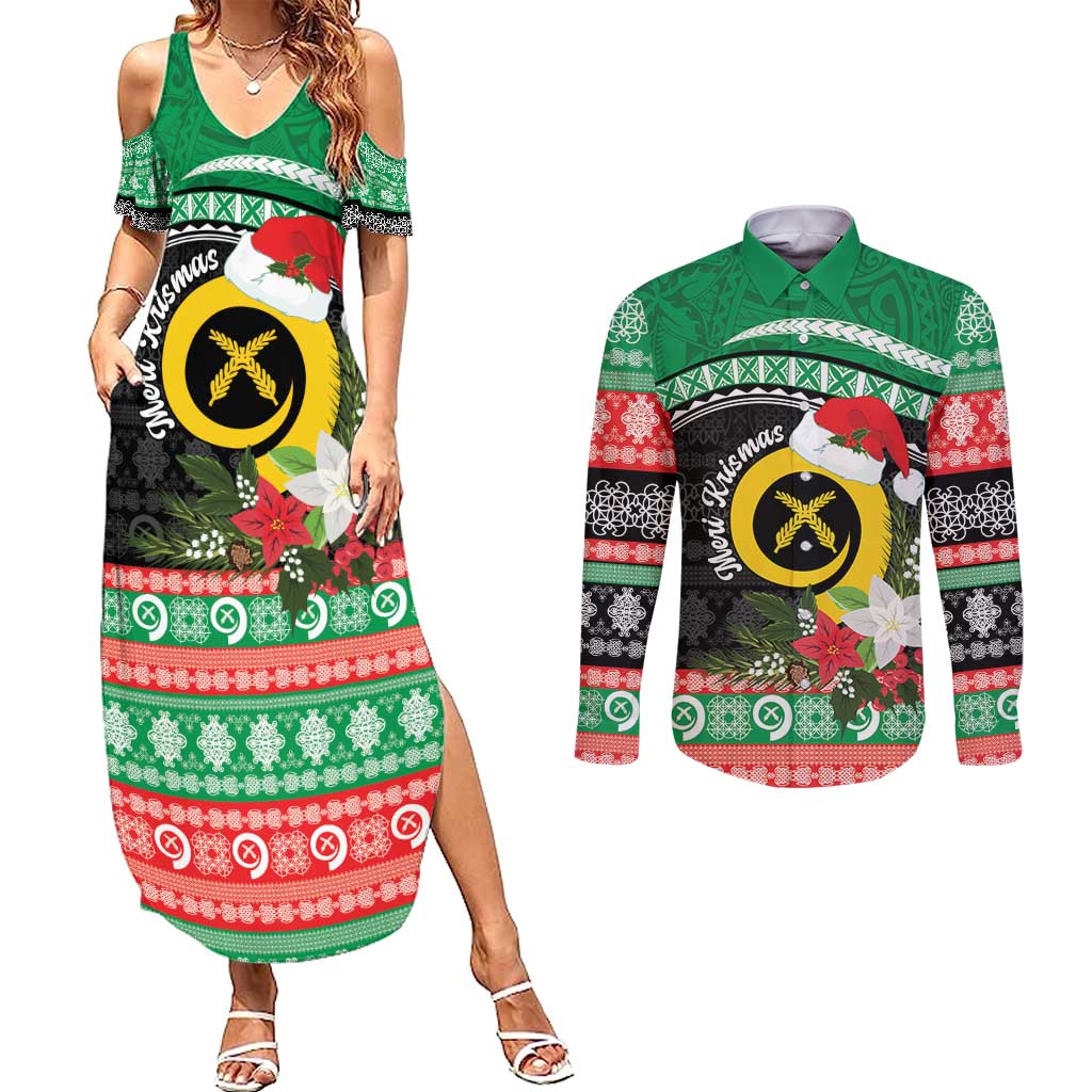 Vanuatu Pig's Tusk Meri Krismas! Couples Matching Summer Maxi Dress and Long Sleeve Button Shirt Vanuatuan Sand Drawing Pattern - Polynesian Pride