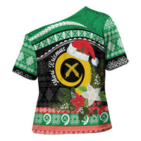 Vanuatu Pig's Tusk Meri Krismas! Cross Shoulder Shirt Vanuatuan Sand Drawing Pattern - Polynesian Pride