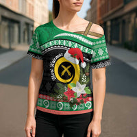 Vanuatu Pig's Tusk Meri Krismas! Cross Shoulder Shirt Vanuatuan Sand Drawing Pattern - Polynesian Pride