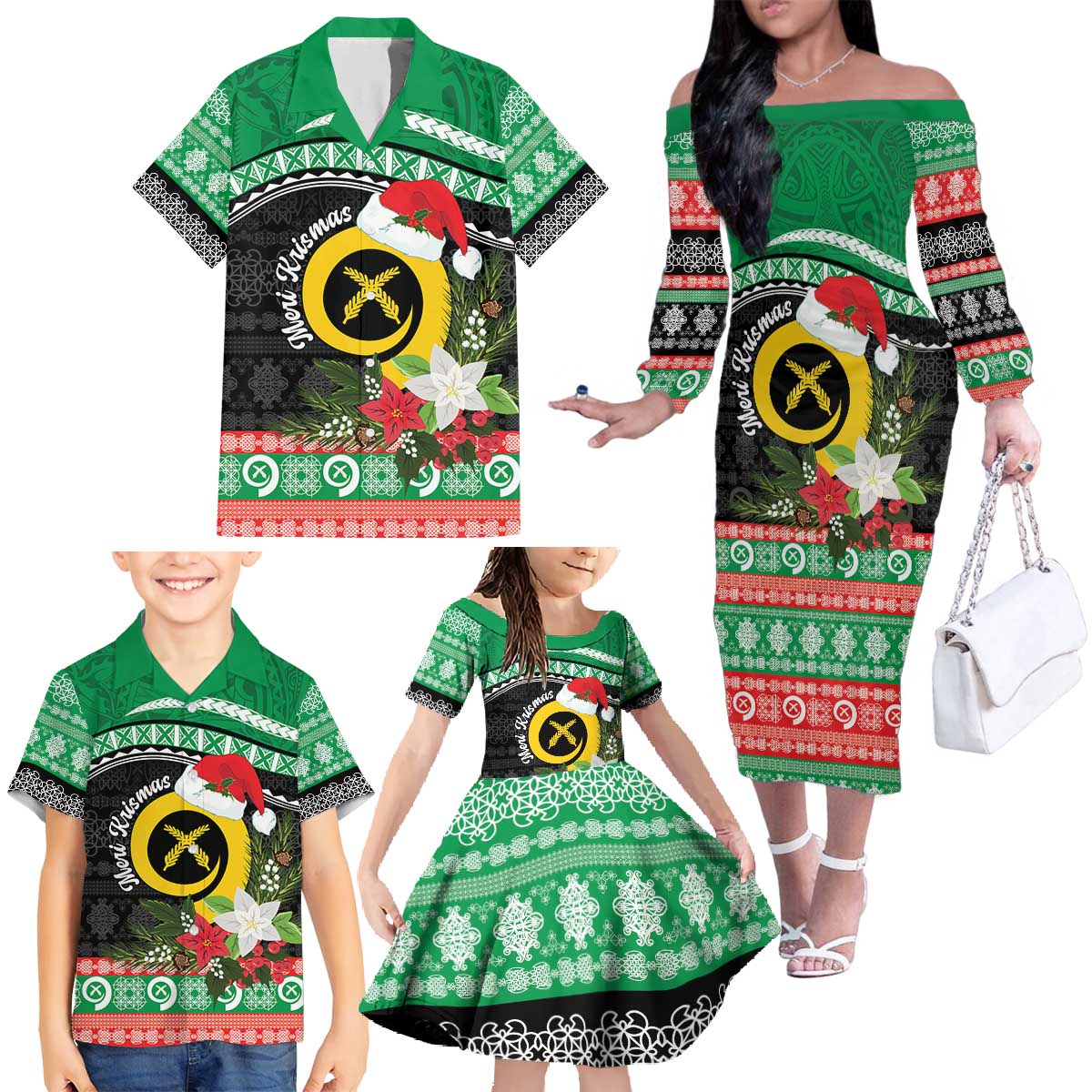 Vanuatu Pig's Tusk Meri Krismas! Family Matching Off The Shoulder Long Sleeve Dress and Hawaiian Shirt Vanuatuan Sand Drawing Pattern - Polynesian Pride