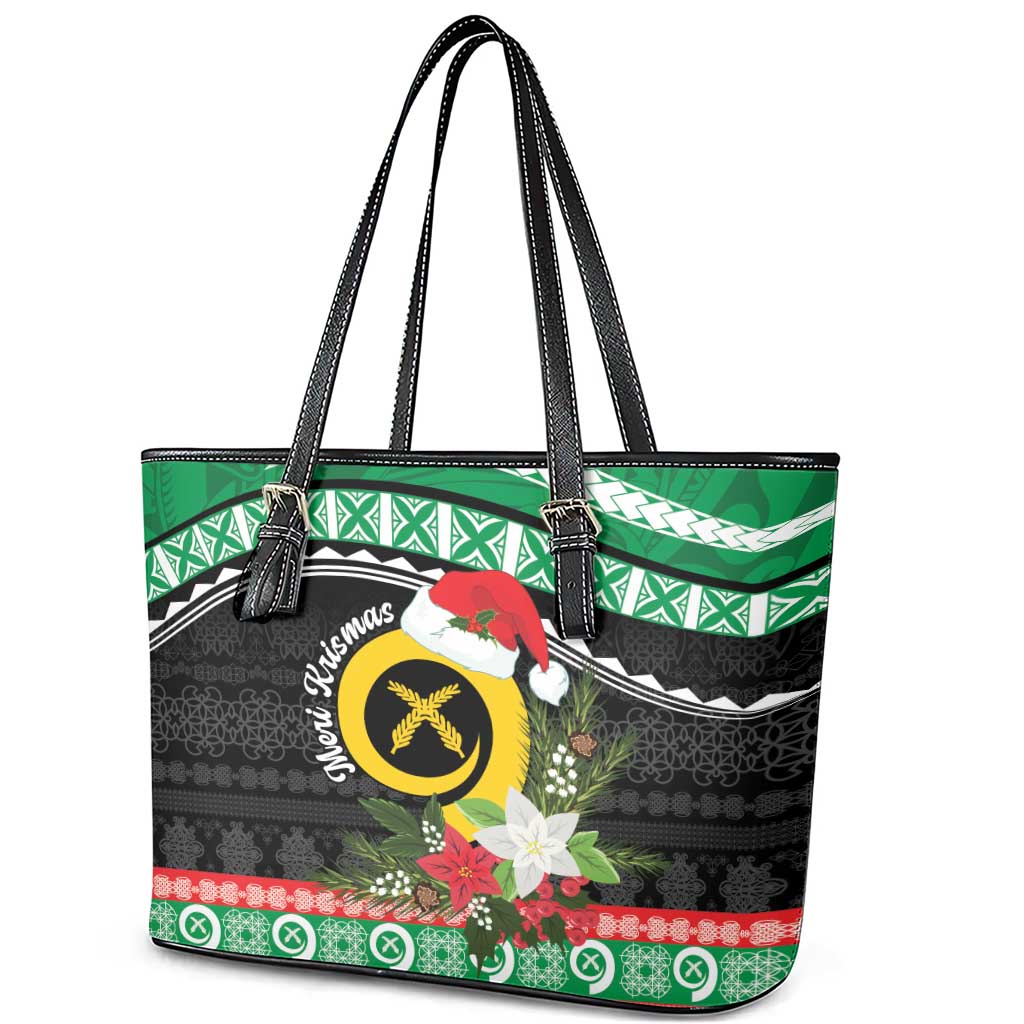Vanuatu Pig's Tusk Meri Krismas! Leather Tote Bag Vanuatuan Sand Drawing Pattern - Polynesian Pride