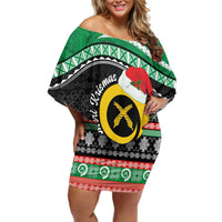 Vanuatu Pig's Tusk Meri Krismas! Off Shoulder Short Dress Vanuatuan Sand Drawing Pattern - Polynesian Pride