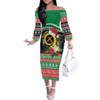 Vanuatu Pig's Tusk Meri Krismas! Off The Shoulder Long Sleeve Dress Vanuatuan Sand Drawing Pattern - Polynesian Pride