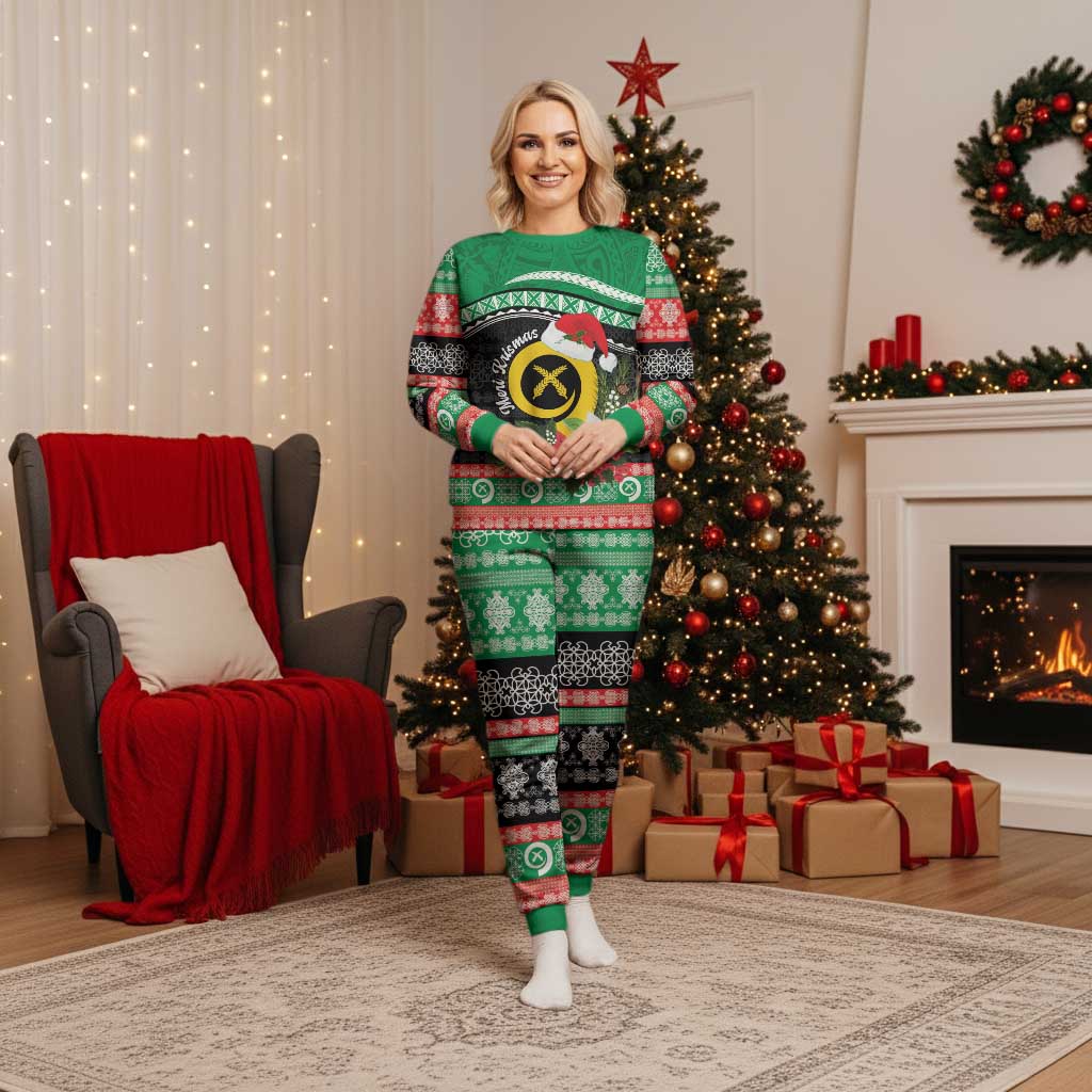 Vanuatu Pig's Tusk Meri Krismas! Christmas Pajama Set Vanuatuan Sand Drawing Pattern - Polynesian Pride