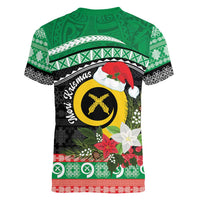 Vanuatu Pig's Tusk Meri Krismas! Women V-Neck T-Shirt Vanuatuan Sand Drawing Pattern - Polynesian Pride