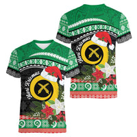 Vanuatu Pig's Tusk Meri Krismas! Women V-Neck T-Shirt Vanuatuan Sand Drawing Pattern - Polynesian Pride