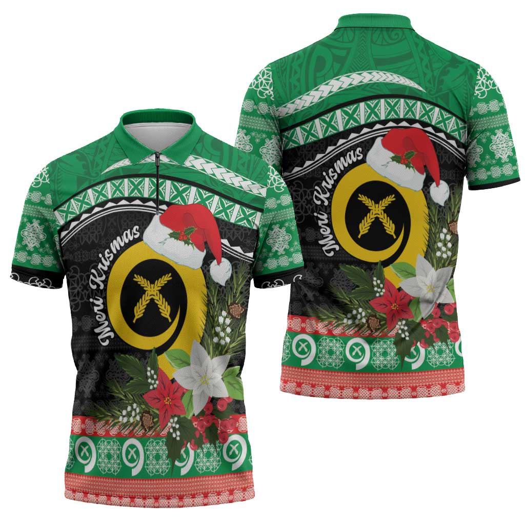 Vanuatu Pig's Tusk Meri Krismas! Zipper Polo Shirt Vanuatuan Sand Drawing Pattern - Polynesian Pride
