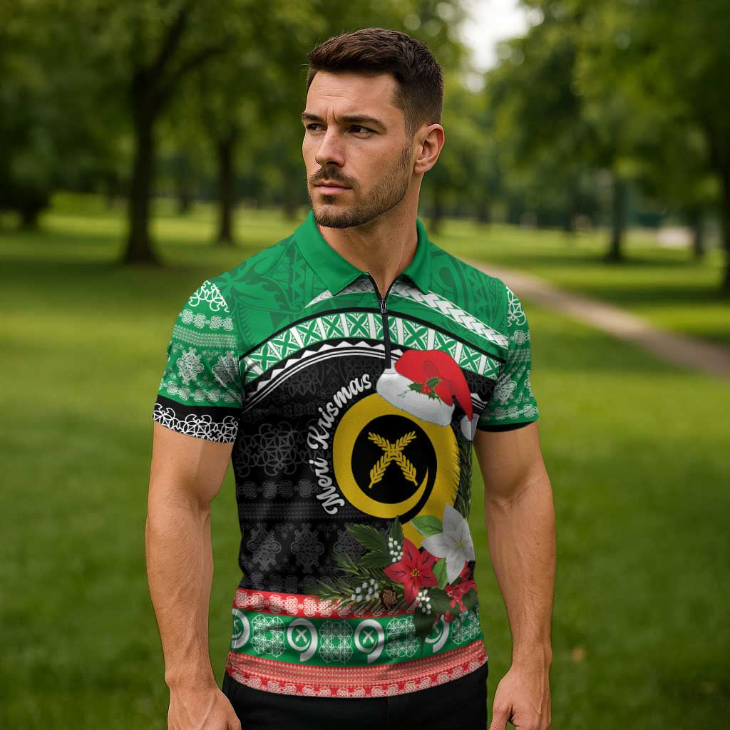 Vanuatu Pig's Tusk Meri Krismas! Zipper Polo Shirt Vanuatuan Sand Drawing Pattern - Polynesian Pride