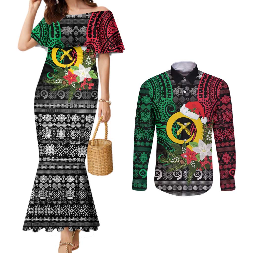 Vanuatu Pig's Tusk Meri Krismas! Couples Matching Mermaid Dress and Long Sleeve Button Shirt Vanuatuan Ancient Art Spirit - Polynesian Pride