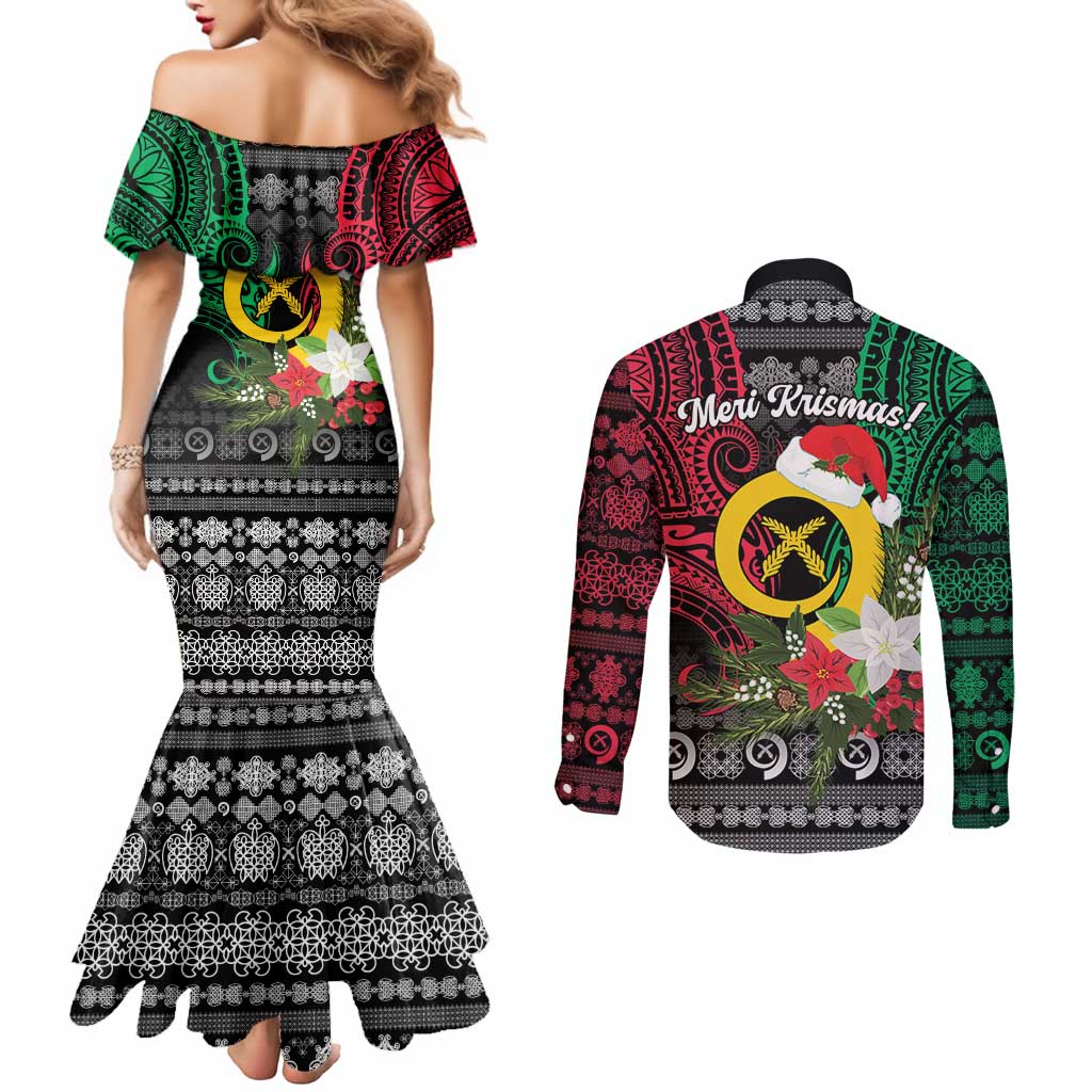 Vanuatu Pig's Tusk Meri Krismas! Couples Matching Mermaid Dress and Long Sleeve Button Shirt Vanuatuan Ancient Art Spirit - Polynesian Pride