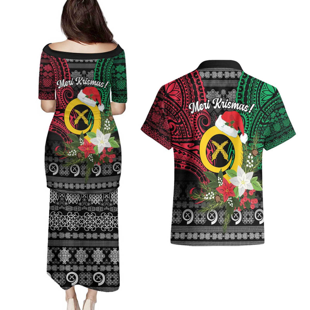 Vanuatu Pig's Tusk Meri Krismas! Couples Matching Puletasi and Hawaiian Shirt Vanuatuan Ancient Art Spirit - Polynesian Pride