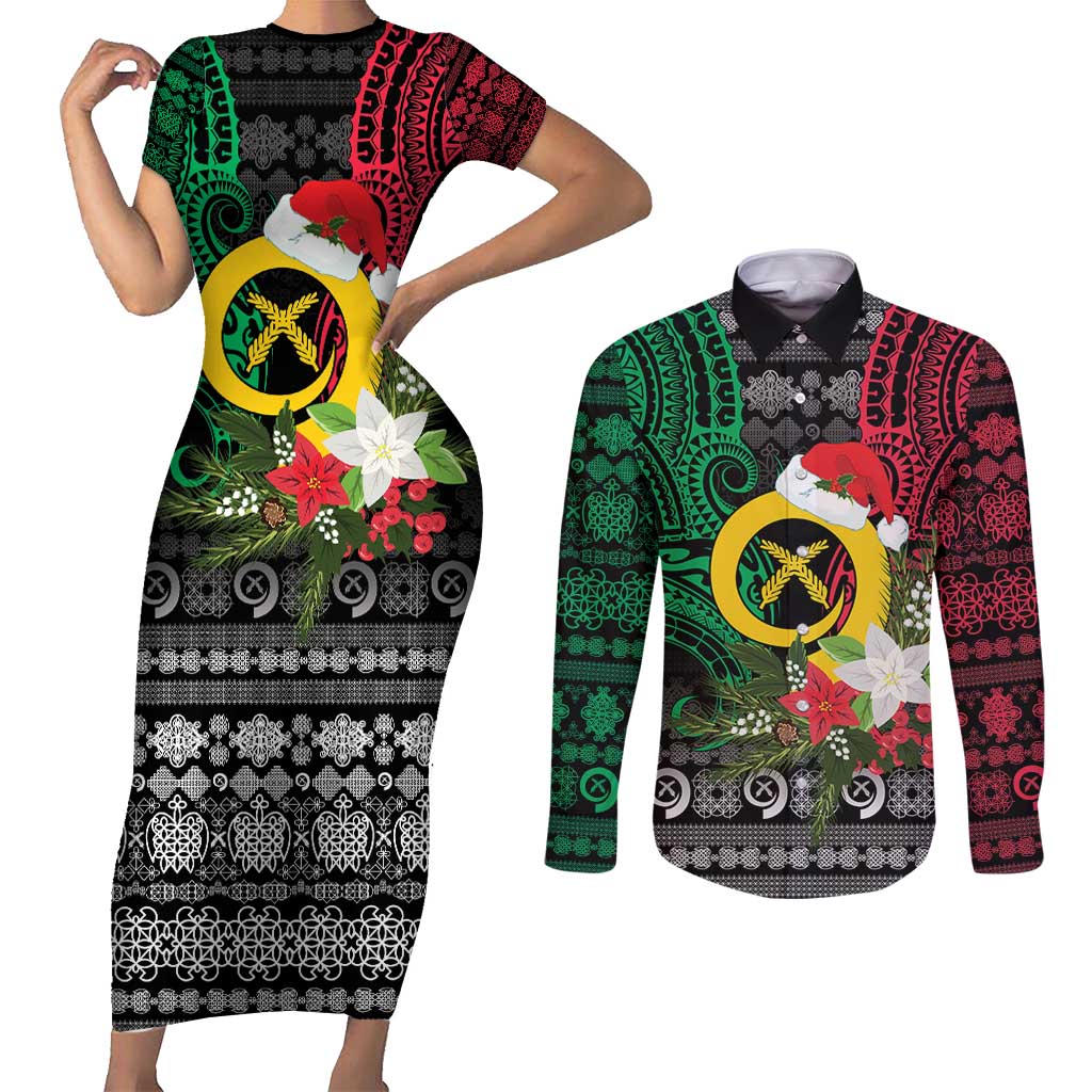 Vanuatu Pig's Tusk Meri Krismas! Couples Matching Short Sleeve Bodycon Dress and Long Sleeve Button Shirt Vanuatuan Ancient Art Spirit - Polynesian Pride