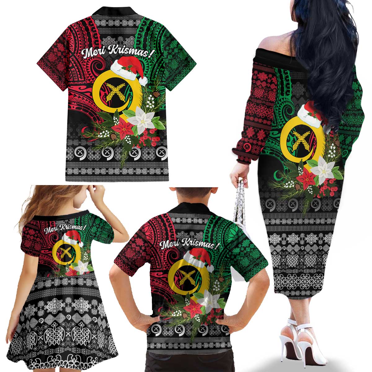 Vanuatu Pig's Tusk Meri Krismas! Family Matching Off The Shoulder Long Sleeve Dress and Hawaiian Shirt Vanuatuan Ancient Art Spirit - Polynesian Pride