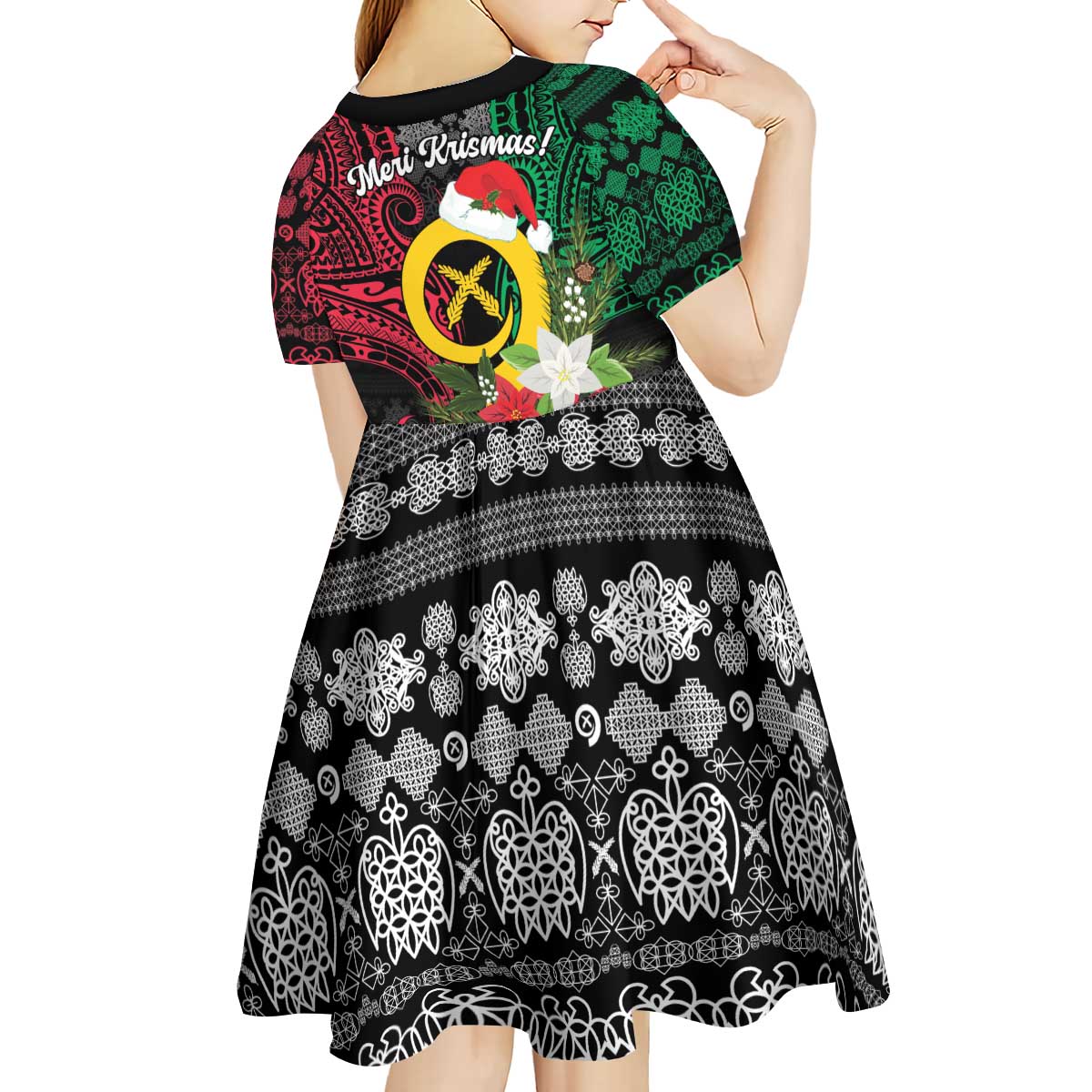 Vanuatu Pig's Tusk Meri Krismas! Kid Short Sleeve Dress Vanuatuan Ancient Art Spirit - Polynesian Pride