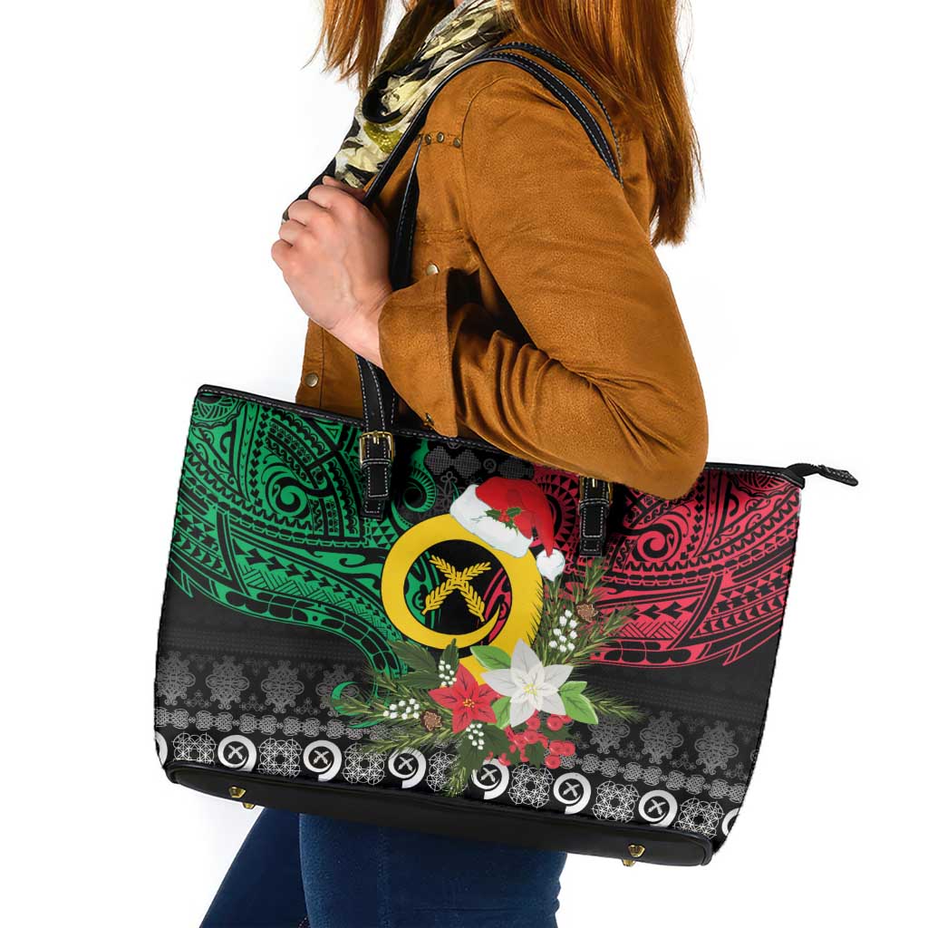 Vanuatu Pig's Tusk Meri Krismas! Leather Tote Bag Vanuatuan Ancient Art Spirit - Polynesian Pride