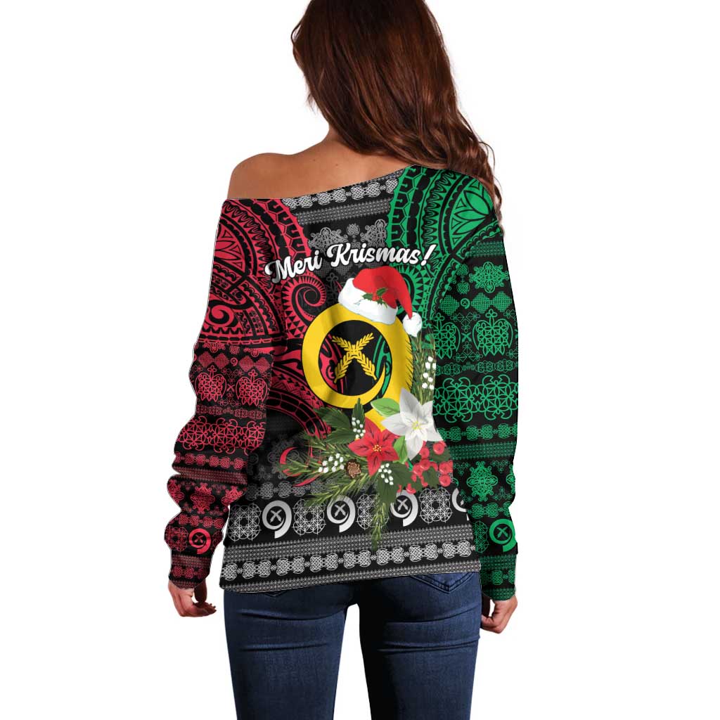 Vanuatu Pig's Tusk Meri Krismas! Off Shoulder Sweater Vanuatuan Ancient Art Spirit - Polynesian Pride