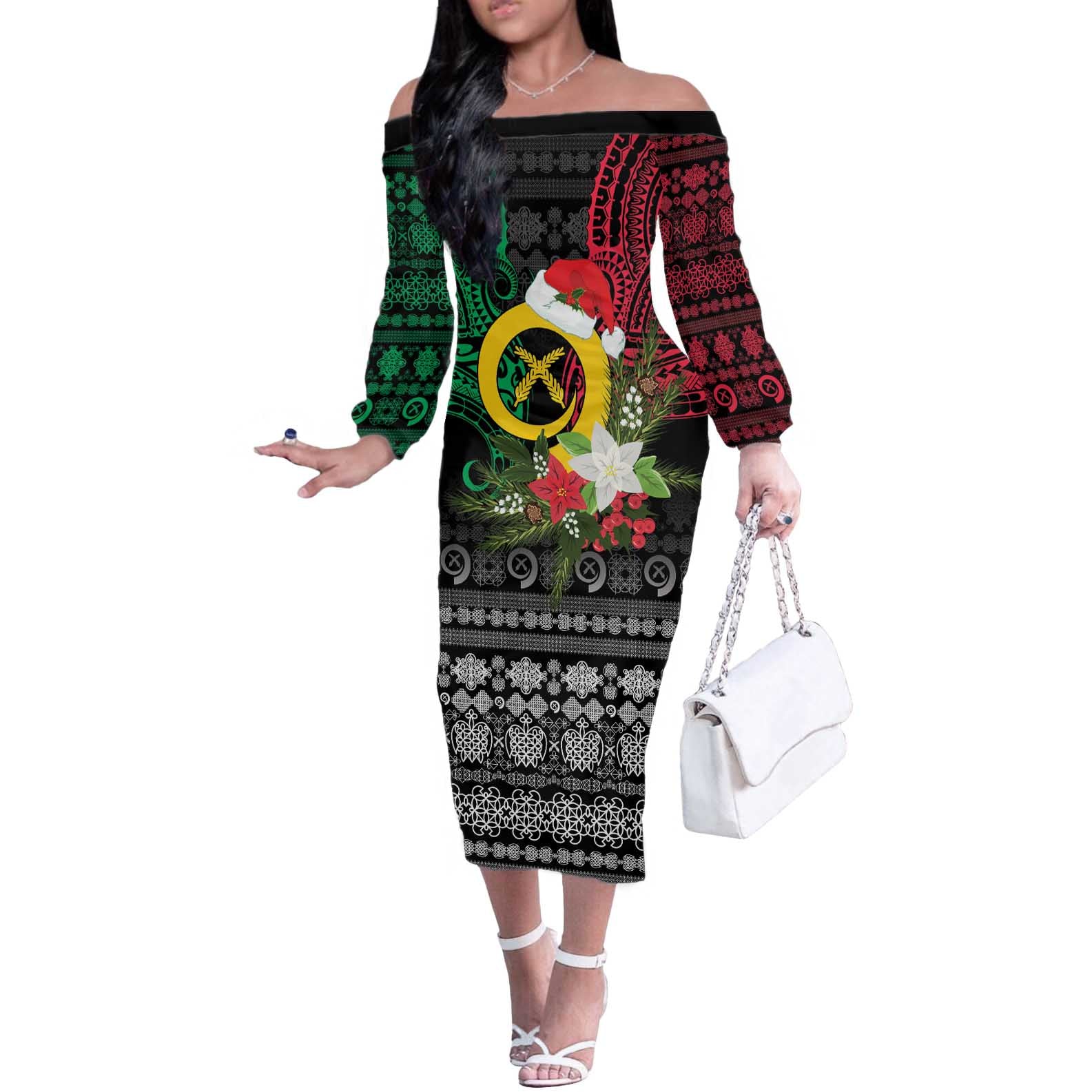 Vanuatu Pig's Tusk Meri Krismas! Off The Shoulder Long Sleeve Dress Vanuatuan Ancient Art Spirit - Polynesian Pride