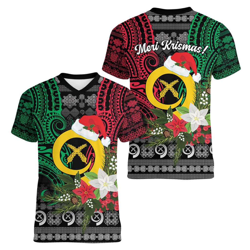 Vanuatu Pig's Tusk Meri Krismas! Women V-Neck T-Shirt Vanuatuan Ancient Art Spirit - Polynesian Pride