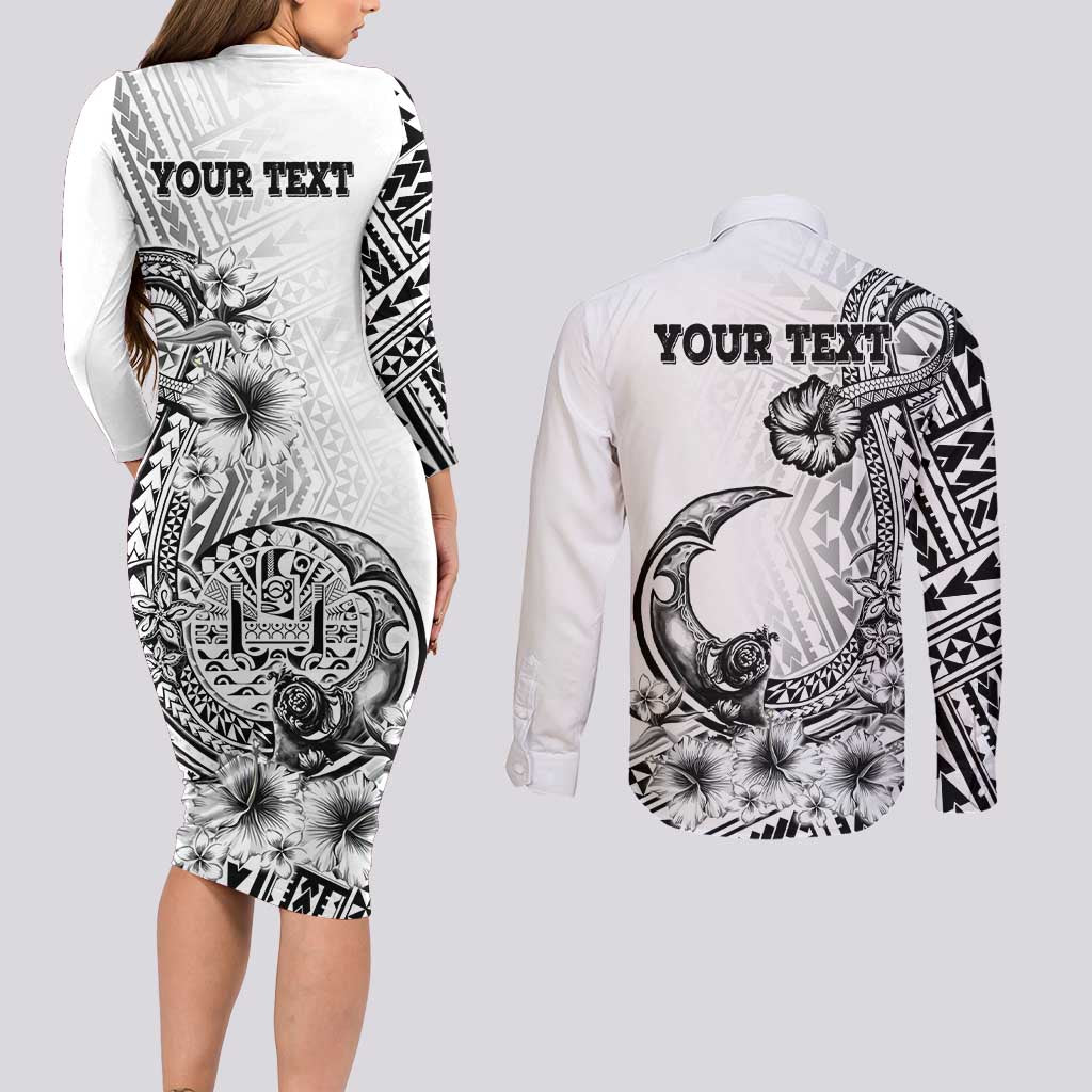 Ia Orana Tahiti Personalised Couples Matching Long Sleeve Bodycon Dress and Long Sleeve Button Shirt French Polynesia Hook Tattoo Special White Color LT9