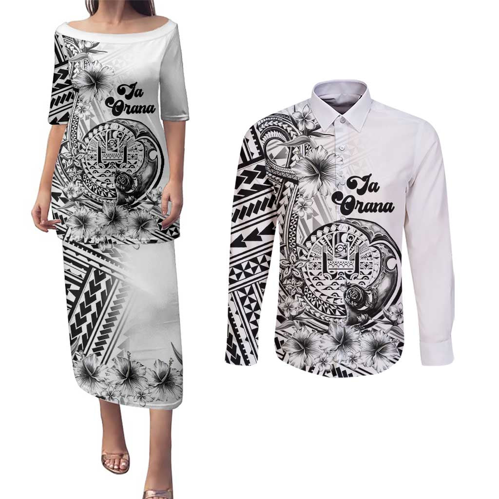 Ia Orana Tahiti Personalised Couples Matching Puletasi Dress and Long Sleeve Button Shirt French Polynesia Hook Tattoo Special White Color LT9
