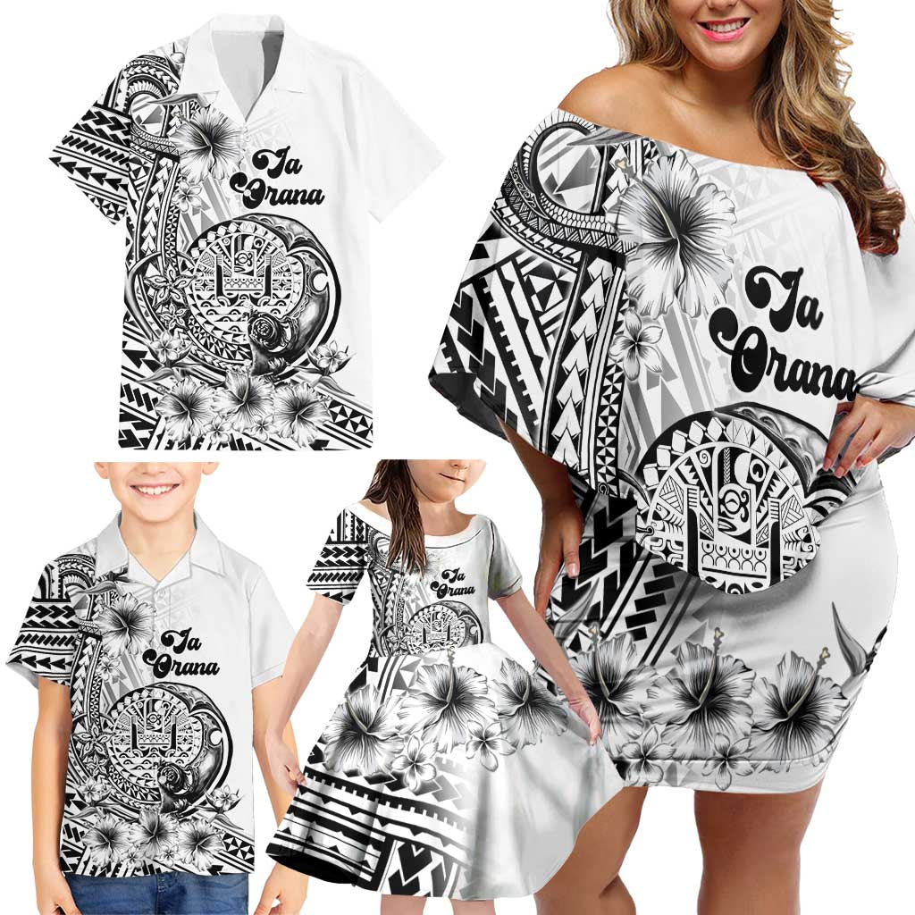 Ia Orana Tahiti Personalised Family Matching Off Shoulder Short Dress and Hawaiian Shirt French Polynesia Hook Tattoo Special White Color LT9