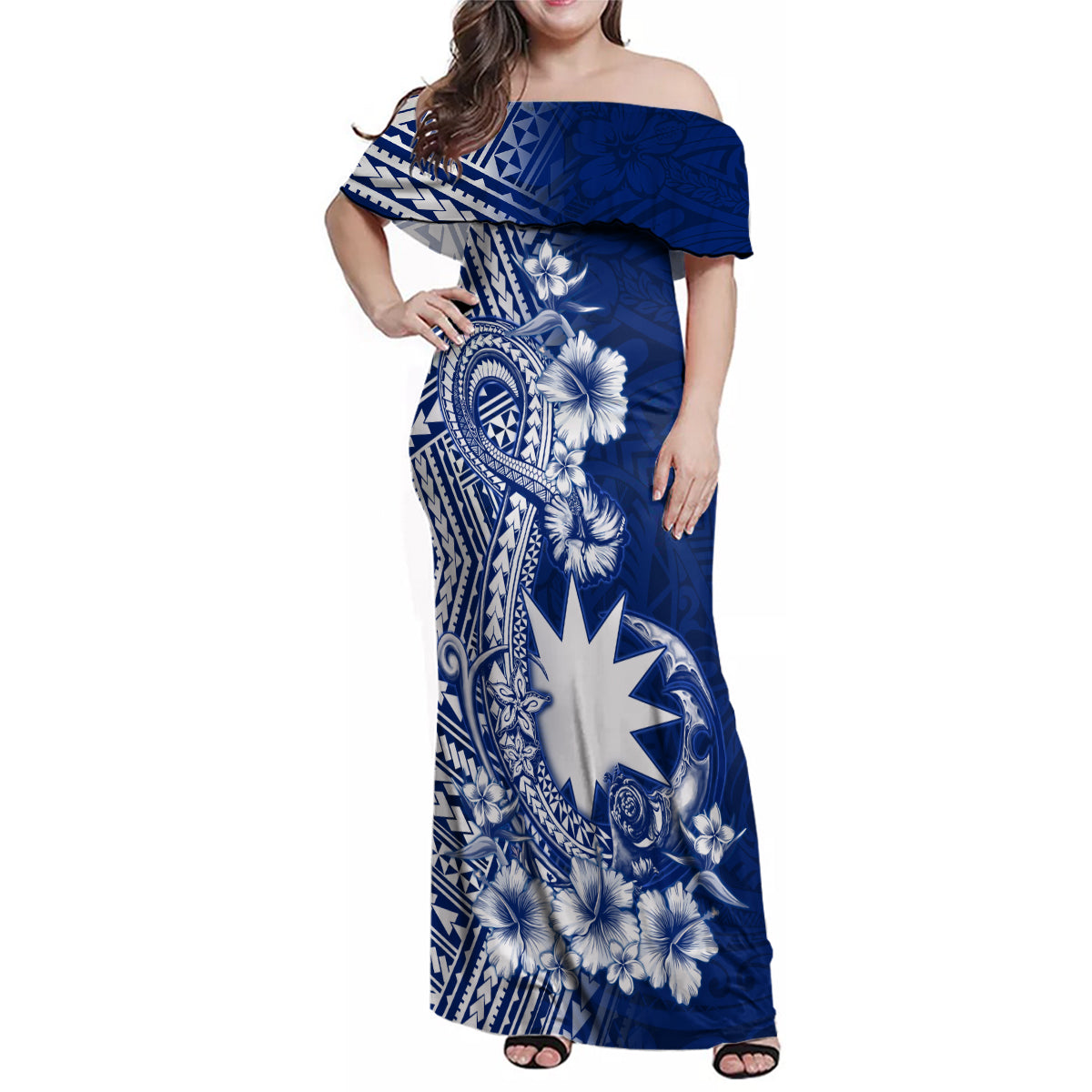 Nauru Independence Personalised Family Matching Off Shoulder Maxi Dress and Hawaiian Shirt Naoero Hook Tattoo Special Polynesian Pattern LT9 Mom's Dress Blue - Polynesian Pride