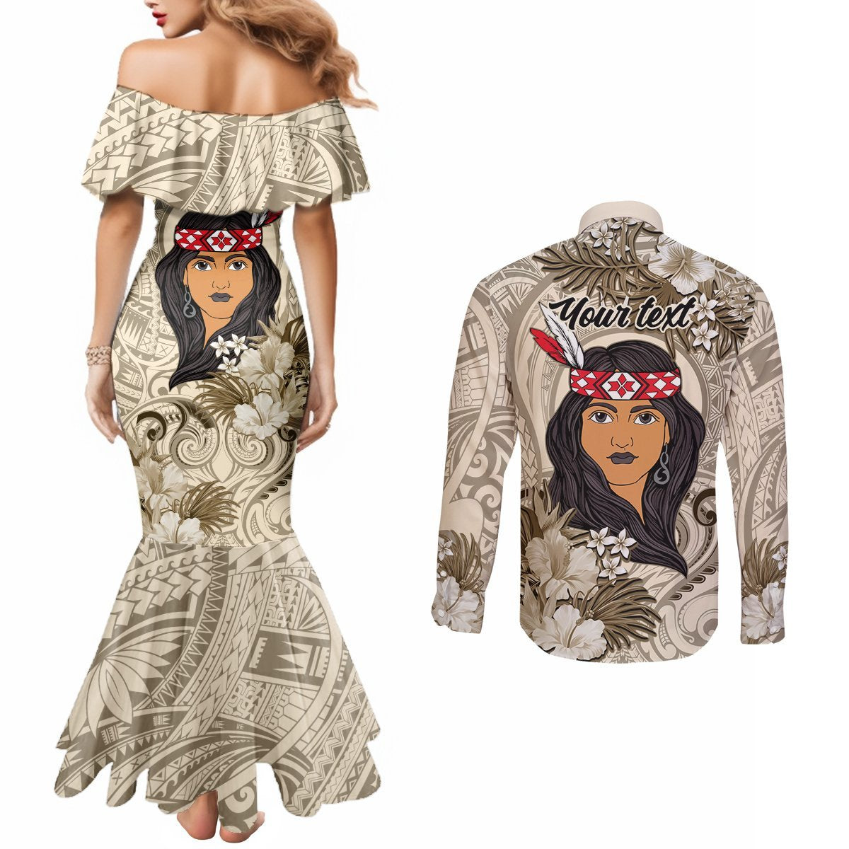 Personalized New Zealand Women's Day Couples Matching Mermaid Dress and Long Sleeve Button Shirt Maori Girl Feathers of Hope - Beige LT9 - Polynesian Pride