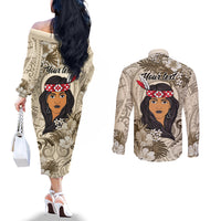 Personalized New Zealand Women's Day Couples Matching Off The Shoulder Long Sleeve Dress and Long Sleeve Button Shirt Maori Girl Feathers of Hope - Beige LT9 - Polynesian Pride