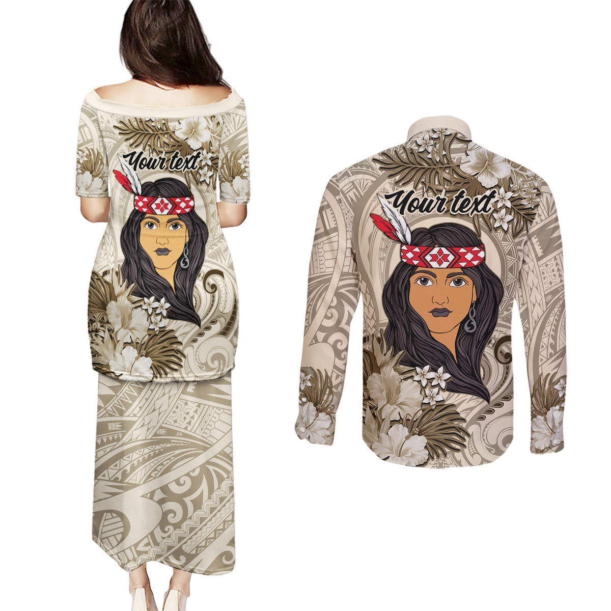 Personalized New Zealand Women's Day Couples Matching Puletasi and Long Sleeve Button Shirt Maori Girl Feathers of Hope - Beige LT9 - Polynesian Pride