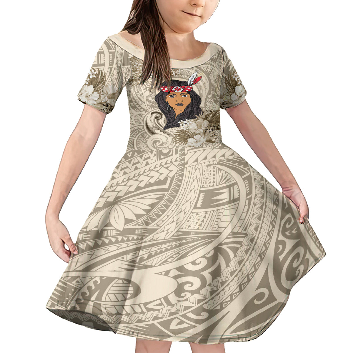 Personalized New Zealand Women's Day Family Matching Mermaid Dress and Hawaiian Shirt Maori Girl Feathers of Hope - Beige LT9 Daughter's Dress Beige - Polynesian Pride