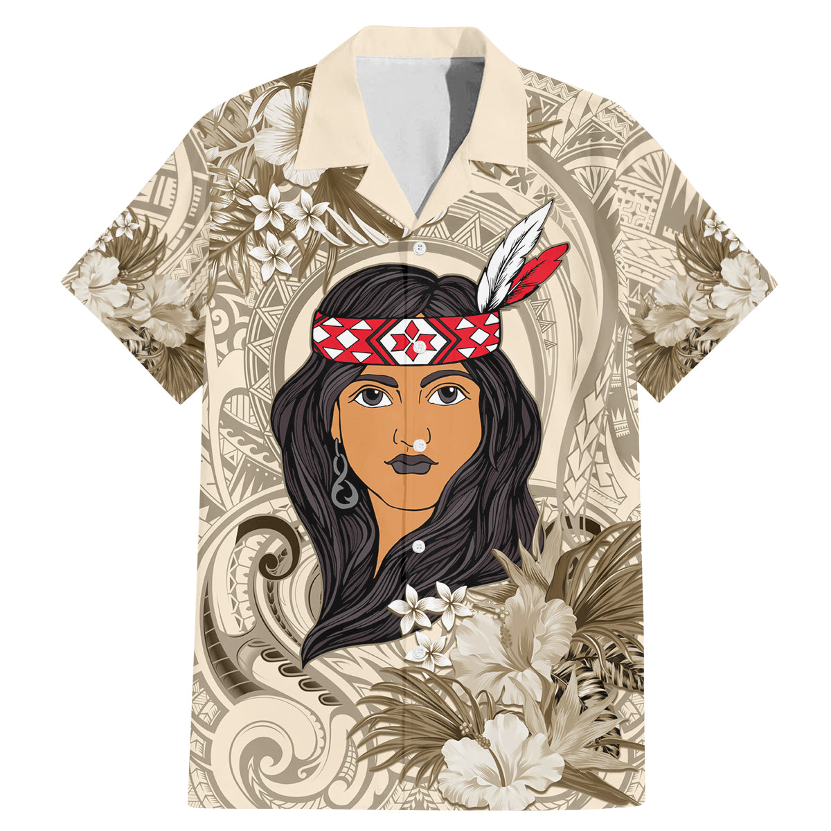 Personalized New Zealand Women's Day Family Matching Mermaid Dress and Hawaiian Shirt Maori Girl Feathers of Hope - Beige LT9 Dad's Shirt - Short Sleeve Beige - Polynesian Pride
