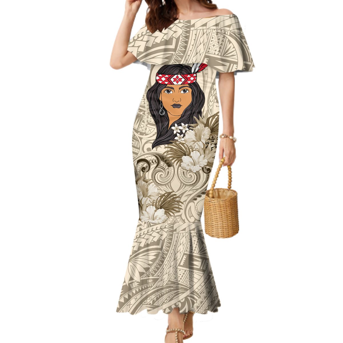Personalized New Zealand Women's Day Family Matching Mermaid Dress and Hawaiian Shirt Maori Girl Feathers of Hope - Beige LT9 Mom's Dress Beige - Polynesian Pride