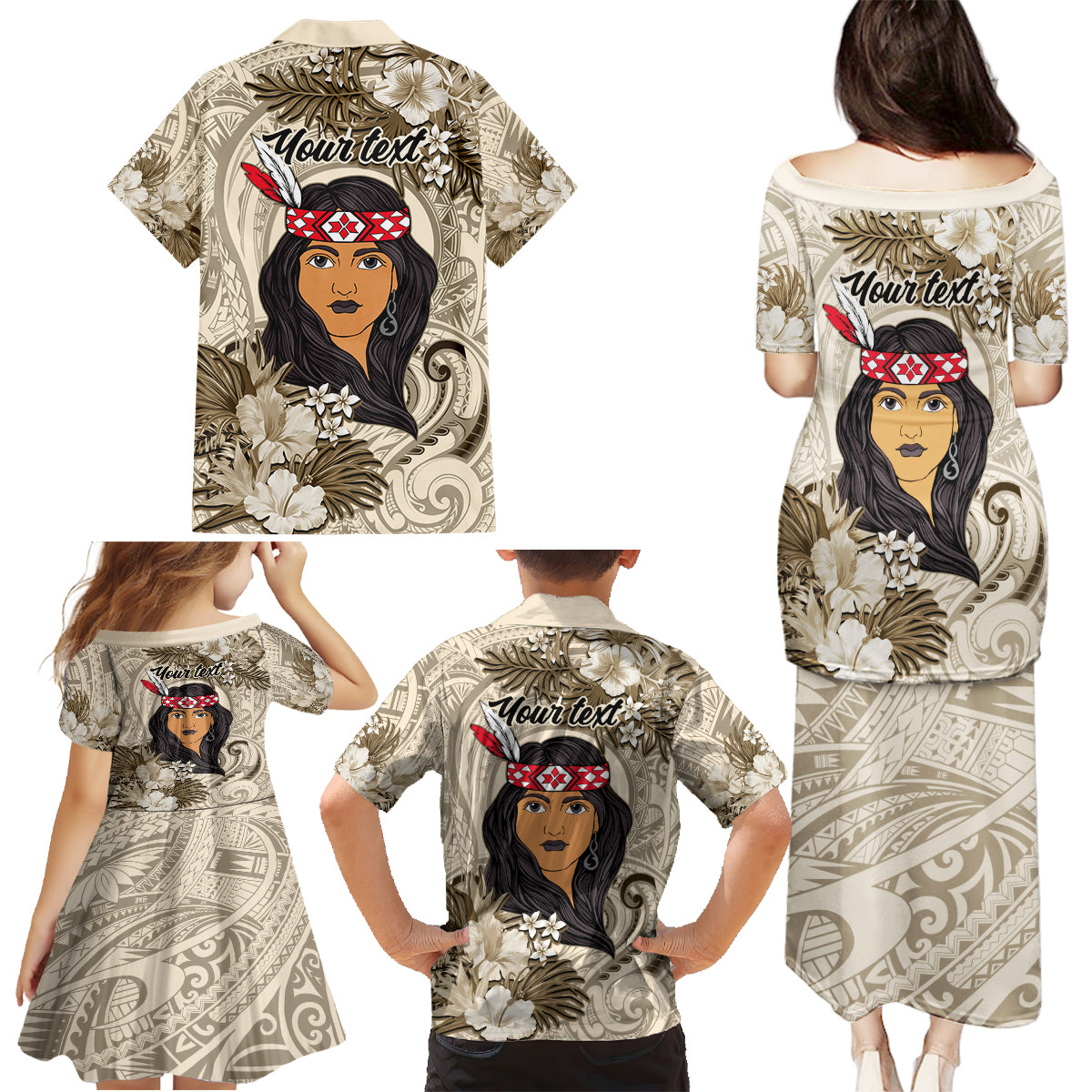 Personalized New Zealand Women's Day Family Matching Puletasi and Hawaiian Shirt Maori Girl Feathers of Hope - Beige LT9 - Polynesian Pride