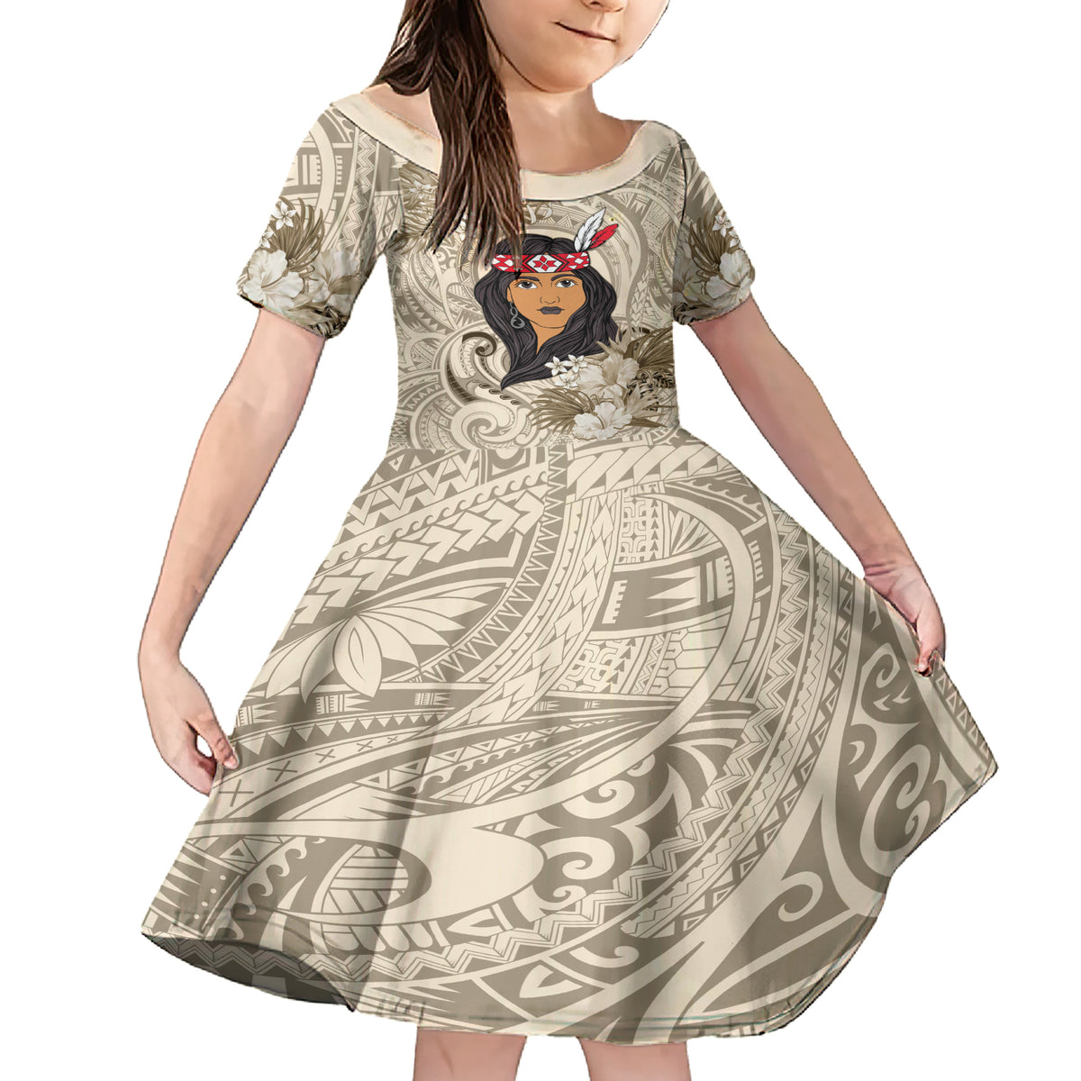 Personalized New Zealand Women's Day Family Matching Short Sleeve Bodycon Dress and Hawaiian Shirt Maori Girl Feathers of Hope - Beige LT9 Daughter's Dress Beige - Polynesian Pride