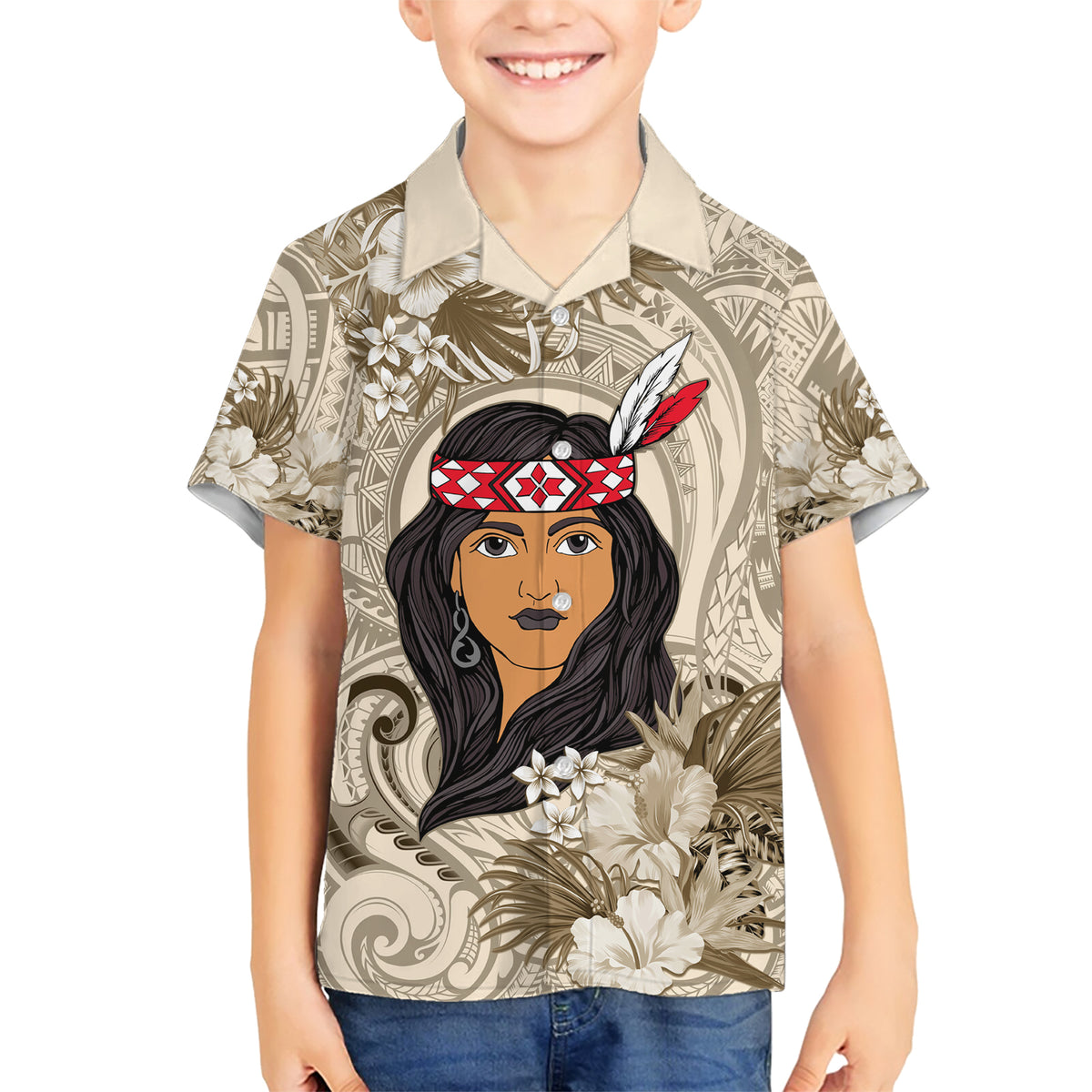 Personalized New Zealand Women's Day Family Matching Short Sleeve Bodycon Dress and Hawaiian Shirt Maori Girl Feathers of Hope - Beige LT9 Son's Shirt Beige - Polynesian Pride