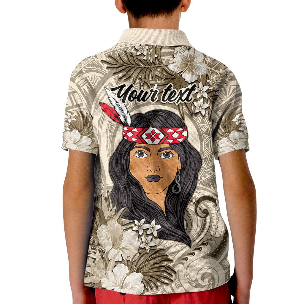 Personalized New Zealand Women's Day Kid Polo Shirt Maori Girl Feathers of Hope - Beige LT9 - Polynesian Pride