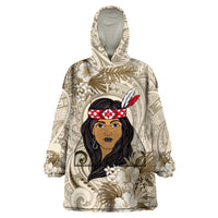 Personalized New Zealand Women's Day Wearable Blanket Hoodie Maori Girl Feathers of Hope - Beige LT9 One Size Beige - Polynesian Pride