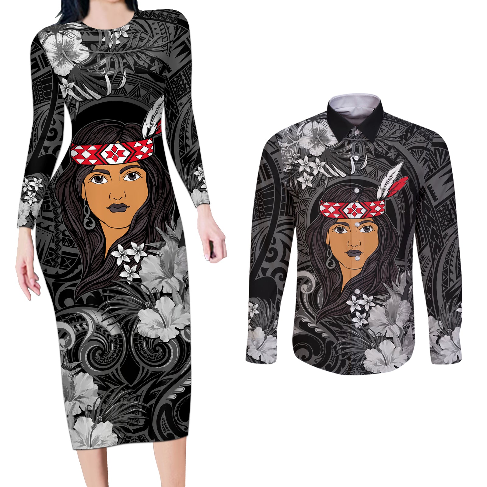 New Zealand Custom Women's Day Couples Matching Long Sleeve Bodycon Dress and Long Sleeve Button Shirt Maori Girl Feathers of Hope - Black LT9 Black - Polynesian Pride