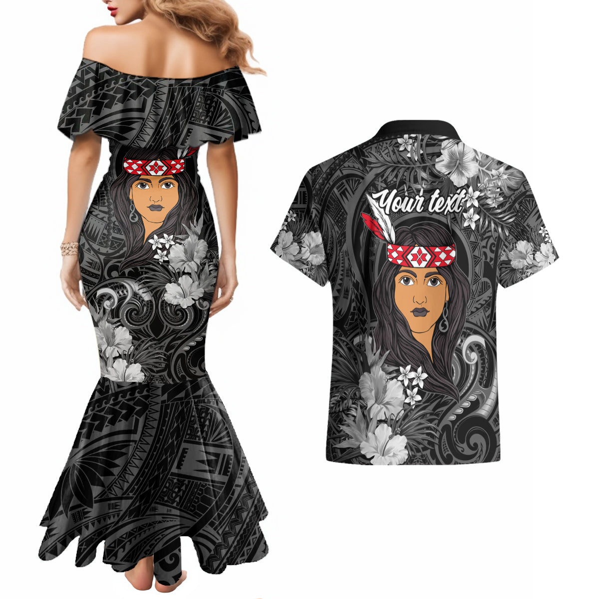 New Zealand Custom Women's Day Couples Matching Mermaid Dress and Hawaiian Shirt Maori Girl Feathers of Hope - Black LT9 - Polynesian Pride