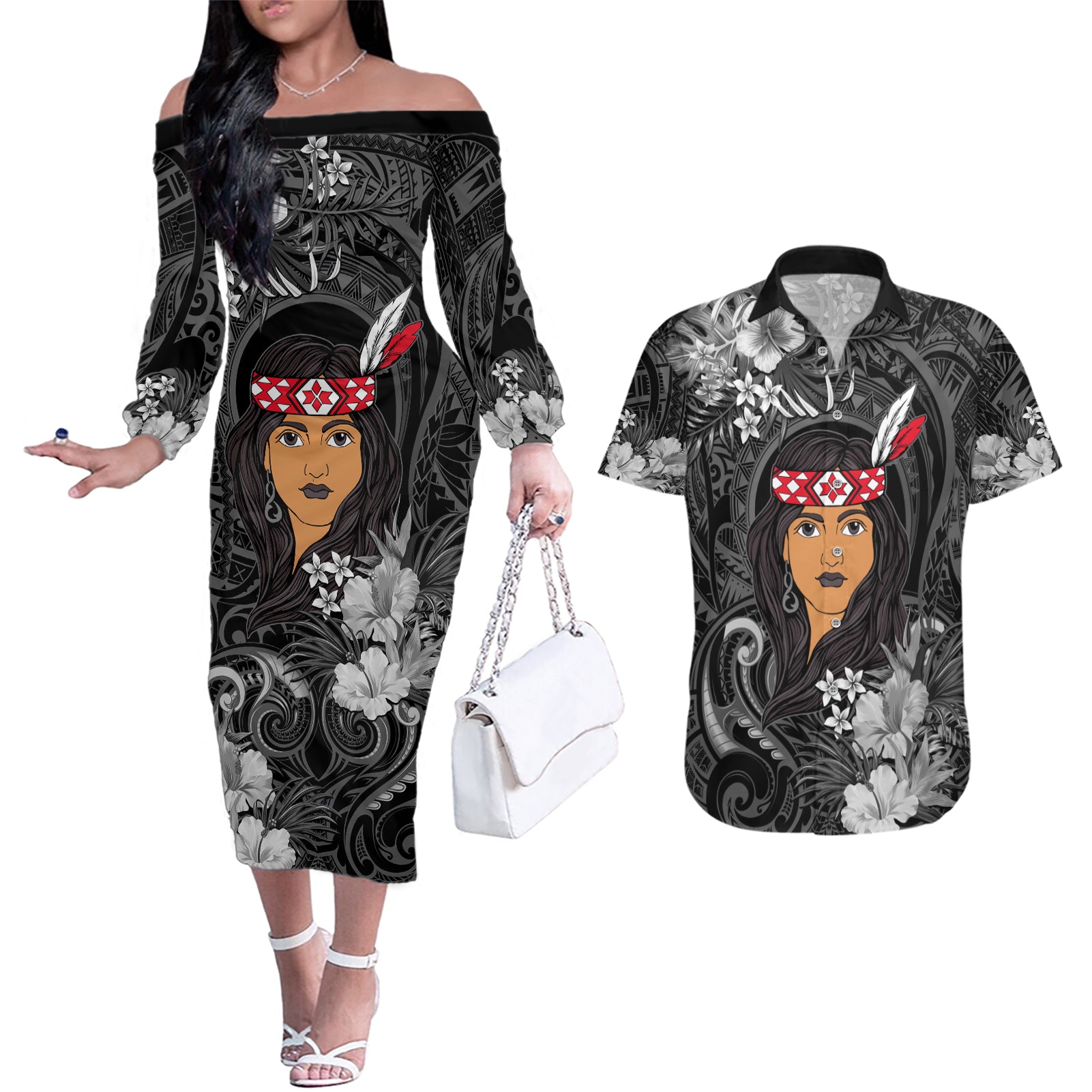 New Zealand Custom Women's Day Couples Matching Off The Shoulder Long Sleeve Dress and Hawaiian Shirt Maori Girl Feathers of Hope - Black LT9 Black - Polynesian Pride