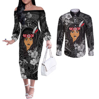 New Zealand Custom Women's Day Couples Matching Off The Shoulder Long Sleeve Dress and Long Sleeve Button Shirt Maori Girl Feathers of Hope - Black LT9 Black - Polynesian Pride