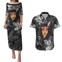 New Zealand Custom Women's Day Couples Matching Puletasi and Hawaiian Shirt Maori Girl Feathers of Hope - Black LT9 Black - Polynesian Pride