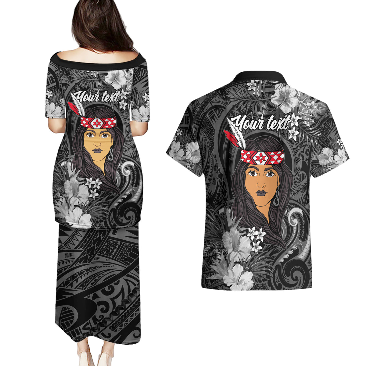 New Zealand Custom Women's Day Couples Matching Puletasi and Hawaiian Shirt Maori Girl Feathers of Hope - Black LT9 - Polynesian Pride